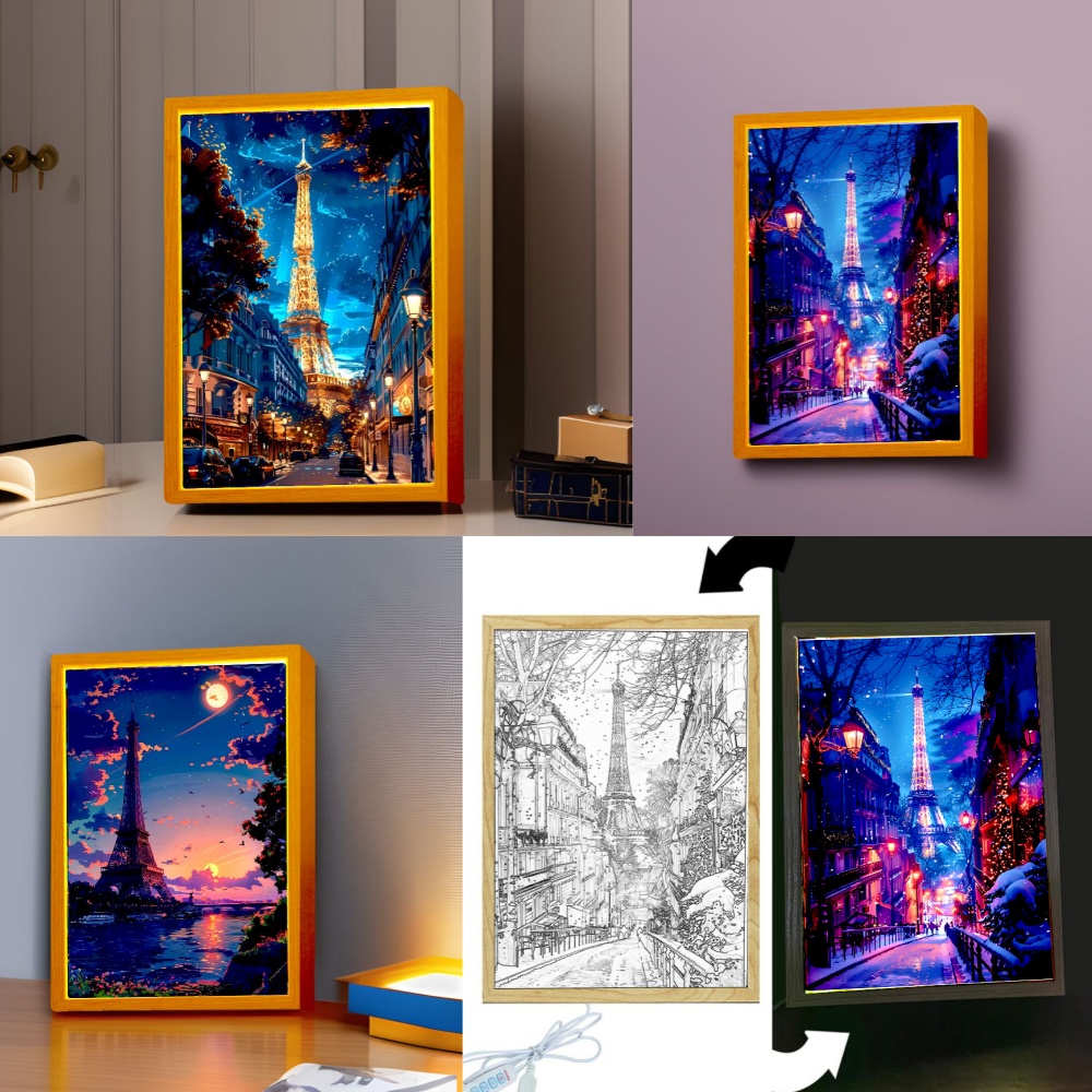 Photography Lighting Board - パリの街の美しい絵画,フォトフレーム,LEDナイトライト,ウォールライト,ベッドサイドテーブル,家の装飾,月のランプ,クリスマスプレゼント