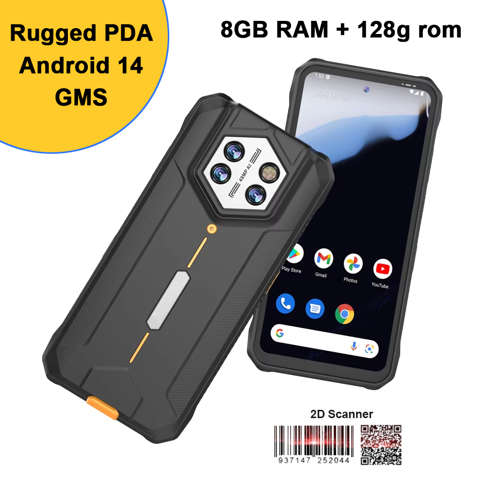 Photography Lighting Gear - 6.5インチ画面、8GB RAM、128GBストレージ、48MPカメラ、IP68、Android 14、GMS搭載、バーコードスキャナー付きの堅牢なハンディPDA端末