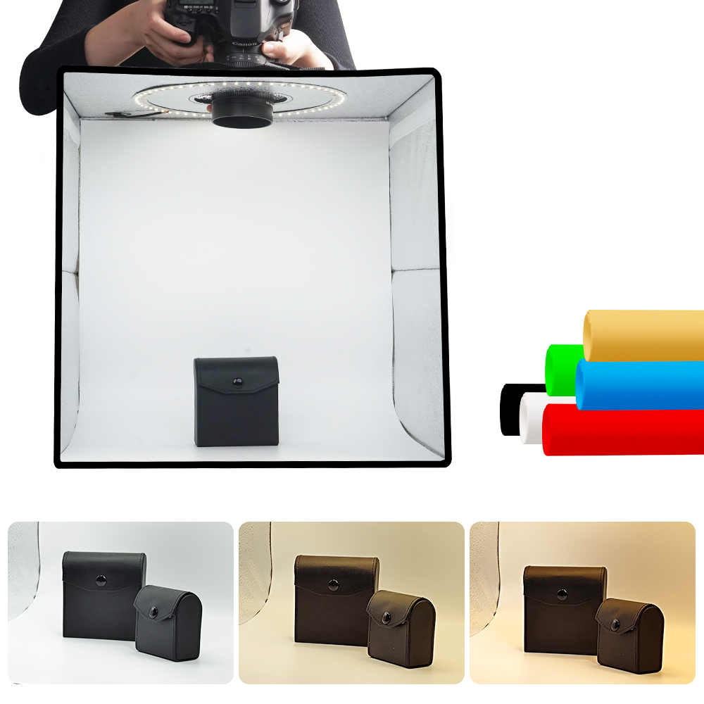 Photography Lighting Kit Portable - ライトダウ調光可能フォトボックスLEDライトルームフォトスタジオライトボックスキット120個LED 6種類の背景布付き写真撮影用ポータブル折りたたみ式