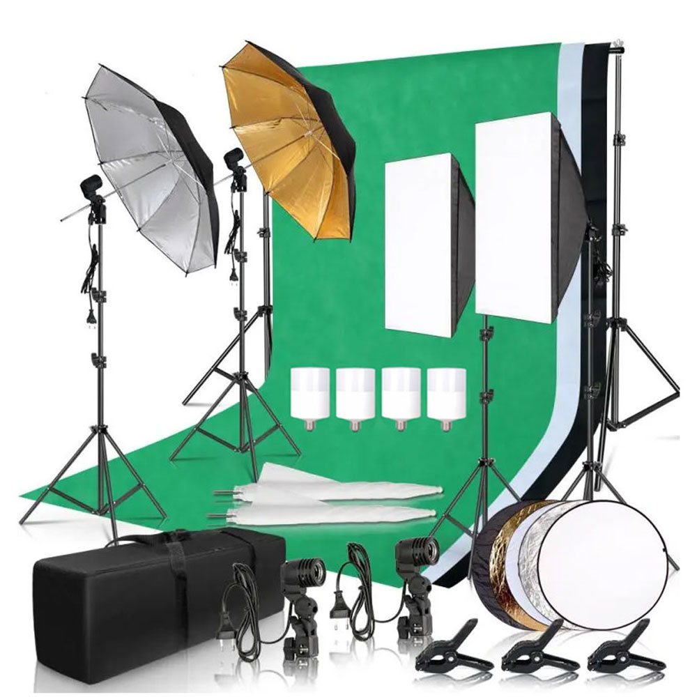 Photography Lighting Board - 写真撮影用ソフトボックス照明キット、2.6x3m背景フレーム、3枚の背景布、三脚スタンド、反射板、4つの傘付き